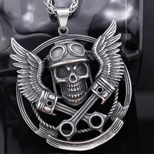 Skull Pendant Necklace 316L Stainless Steel Biker Helmet Wings Wrench Gear Punk Gothic Jewelry For Men