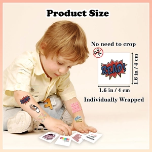 Detail showing 4cm individually wrapped waterproof reading themed temporary tattoos
