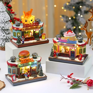 Resin Christmas Glowing Village Shop LED Light Miniature House Desktop Decoration Festive Holiday Gift USB Battery Powered