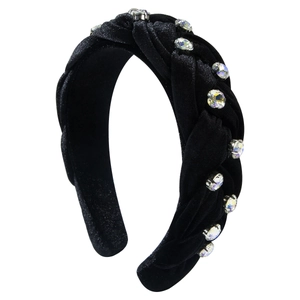 Padded black velvet headband with colorful rhinestones and braided ethnic design