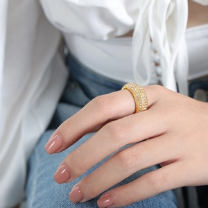 Luxury gold plated titanium steel wide band ring with full micro-paved sparkling crystals
