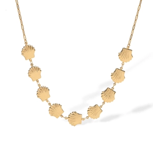 Elegant 18K gold plated stainless steel shell pendant necklace on white background
