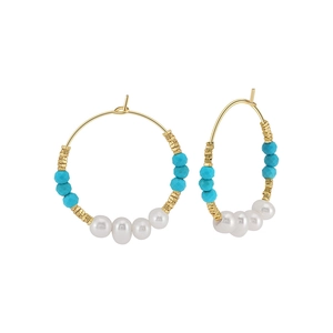 Gold-plated S925 sterling silver hoop earrings with turquoise beads and freshwater pearls