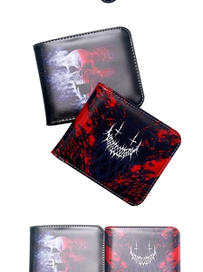 Close-up of vintage skull print and abstract patterns on black PU leather wallets