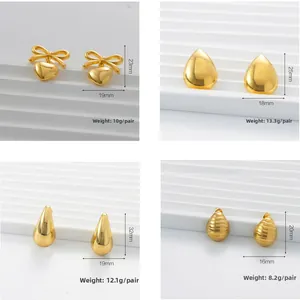 Detailed view of four golden drop and heart earrings with size measurements in mm