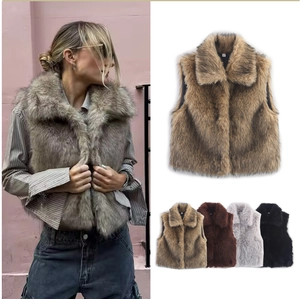 Women Faux Fur Vest Stand Collar Zipper Sleeveless Solid Color Retro Casual Fashion Winter Waistcoat