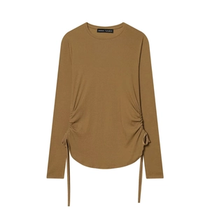 Women Long Sleeve T-Shirt Side Drawstring Ruched Rib Knit Slim Fit Crew Neck Solid Brown Casual Top