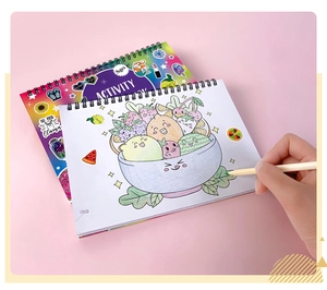 Detailed view of spiral bound activity coloring books with stickers for kids