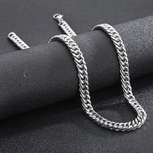 Detailed view of silver stainless steel cuban curb chain links with a polished finish