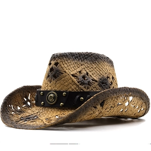 Classic straw western cowboy hat with vintage gradient finish and studded leather band