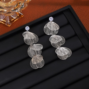 Elegant silver long tassel earrings with sparkling rhinestones and hollow mesh leaf charms