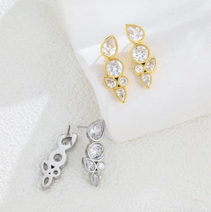 Detailed view of cluster teardrop zirconia earrings in gold and silver plating