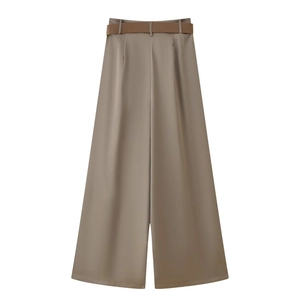 Women's high waist wide leg pants in khaki satin texture with dark brown belt