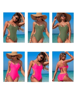 Detailed views of sexy backless monokini with side cut-outs and lace-up front details