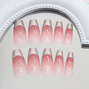 Glossy French gradient long coffin press-on nails with silver metallic tips, set of 10