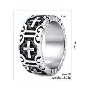 Vintage punk rock stainless steel cross ring with embossed detail and aged finish for men
