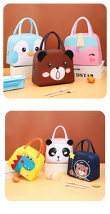 Detail showing various cute cartoon animal designs for portable insulated lunch bags