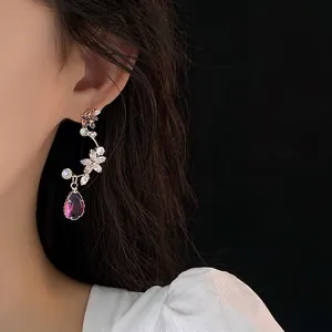 Elegant purple crystal flower drop earrings with zircon details and gold plating