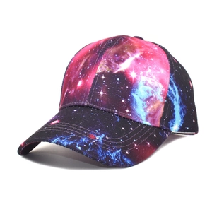 Detailed view of the galaxy nebula print and curved brim on a vibrant baseball cap