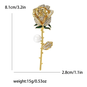 Vintage gold rose brooch with sparkling rhinestones, green leaves and a white pearl