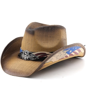 Western Cowboy Hat Breathable Paper Straw Sun Protection American Flag Eagle USA Metal Badge Vintage Patriotic Unisex