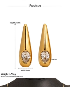 Detailed macro view of 316L gold-plated teardrop earrings featuring white zircon inlay