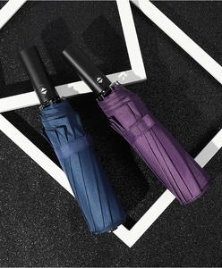 Close-up of navy blue and deep purple automatic folding umbrellas with compact handles
