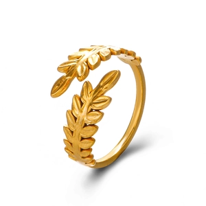 Minimalist golden leaf adjustable stainless steel ring with detailed olive branch design