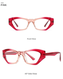Dettaglio montatura geometrica cat-eye con sfumatura rosa e angolazioni diverse