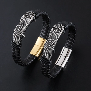 Braided Leather Bracelet With 304 Stainless Steel Wing Cross Magnetic Clasp Vintage Punk Gothic Jewelry For Men