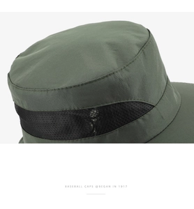 Nahaufnahme des olivgrünen Sonnenhuts mit atmungsaktivem Mesh und strapazierfähigem Nylon