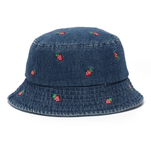Navy denim bucket hat for toddlers featuring cute red strawberry embroidery on a plain background