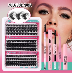 DIY cluster lash kit with 70D-90D density lashes, bond, seal, remover and pink tweezers