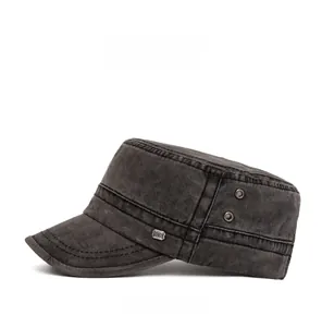 Side view of dark gray washed cotton military cap featuring metal vents and logo tag