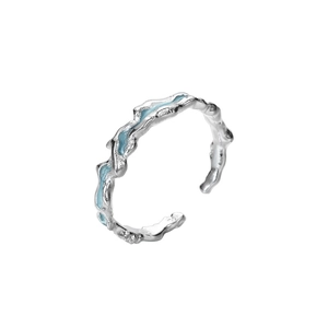 Irregular wavy silver S925 ring with mint blue enamel finish and adjustable open design