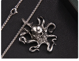 Detailed close-up of a silver punk octopus skull pendant on a metal chain necklace
