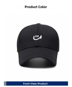 Front view of black cotton baseball cap featuring a white embroidered smiley face detail