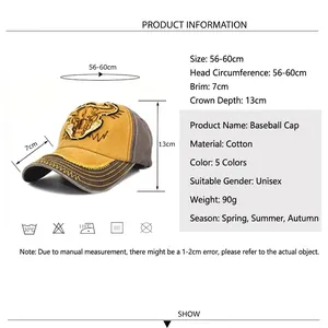 Vintage washed cotton baseball cap with cow embroidery, adjustable 56-60cm unisex sun hat