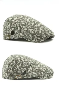 Detailed close-up of retro jacquard newsboy cap with bronze metal adjustment buckle