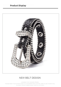 Close-up of black Y2K belt featuring sparkling rhinestones and metal pin buckle