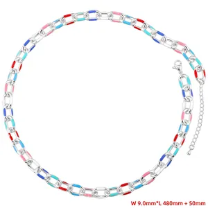 Detail view of colorful enamel link chain necklace with silver metal rings and lobster clasp