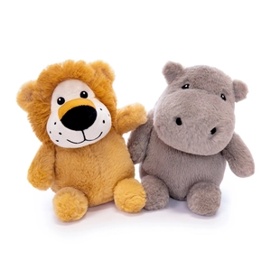 Adorable plush lion and hippo soft toys set for children in neutral white background