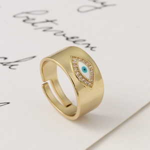 Adjustable gold evil eye ring with blue enamel and micro-pave cubic zirconia crystals
