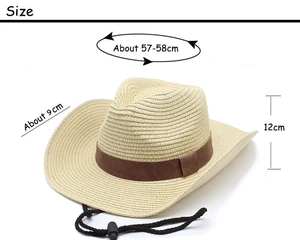 Detailed size chart of the western straw cowboy hat showing 9cm brim and 57-58cm circumference