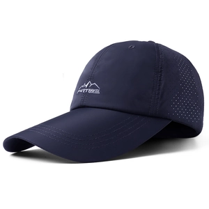 Navy blue quick-dry baseball cap with extended brim and laser-cut vents for outdoor sports