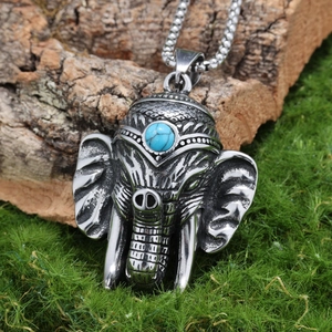 Collier avec pendentif éléphant en acier inoxydable vintage et turquoise bleue