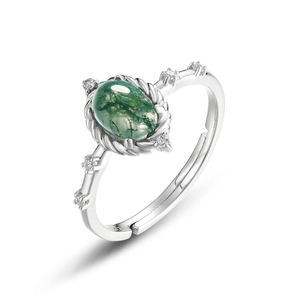 Natural green moss agate ring in S925 sterling silver with adjustable open band design