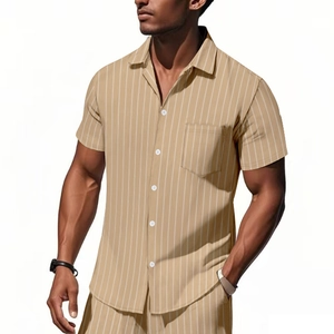 Detail of men's striped short sleeve shirt featuring classic lapel and breast pocket