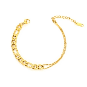 Detail of golden wheat-style bracelet with Figaro and double bead chain links