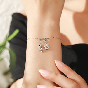 S925 sterling silver bracelet with micro-p镶 inlaid owl and hollow star charms